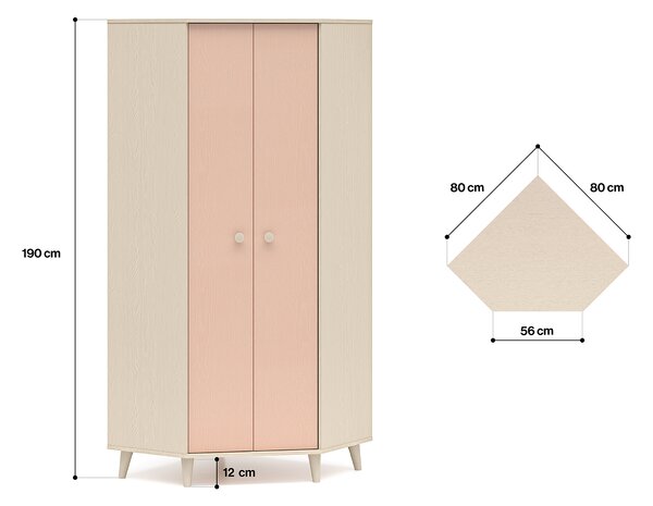Rohová šatní skříň 80 cm do dětského pokoje OLIVIA - béžová / růžová