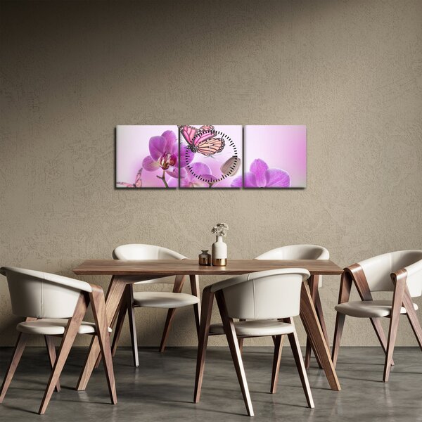Obraz - Motýl na květech orchideje, lila (s hodinami) (90x30 cm)