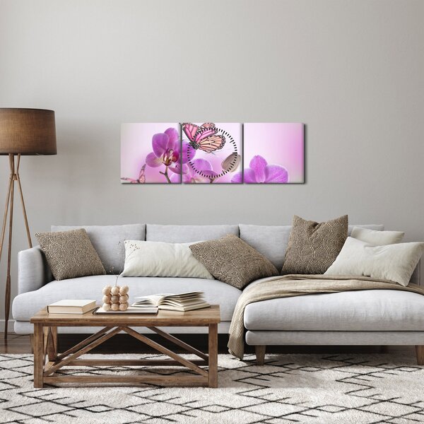 Obraz - Motýl na květech orchideje, lila (s hodinami) (90x30 cm)