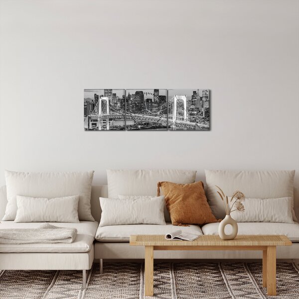 Obraz - Černobílé velkoměsto (s hodinami) (90x30 cm)