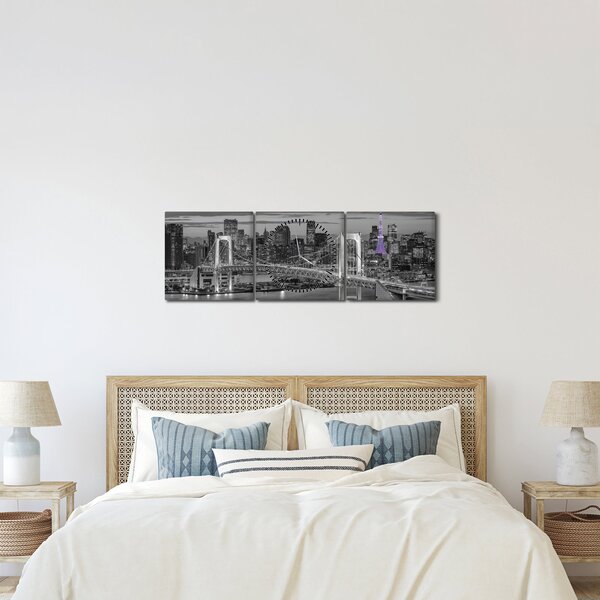 Obraz - Velkoměsto s fialovou věží (s hodinami) (90x30 cm)