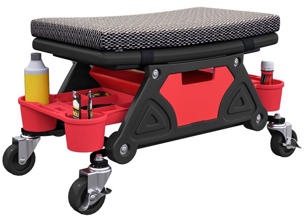 HOMCOM Mobilní pracovní stolička, max. nosnost 135 kg, mechanická stolička s 360° otáčivými koly, skluzavkami na nářadí a zásuvkou, pojízdné sedadlo p