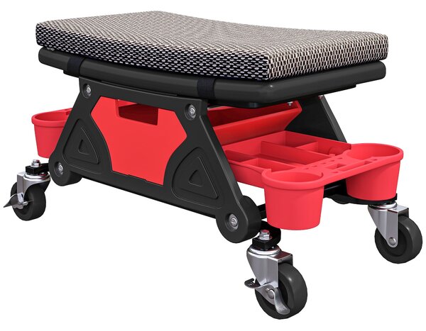 HOMCOM Mobilní pracovní stolička, max. nosnost 135 kg, mechanická stolička s 360° otáčivými koly, skluzavkami na nářadí a zásuvkou, pojízdné sedadlo p