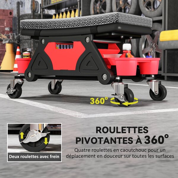 HOMCOM Mobilní pracovní stolička, max. nosnost 135 kg, mechanická stolička s 360° otáčivými koly, skluzavkami na nářadí a zásuvkou, pojízdné sedadlo p