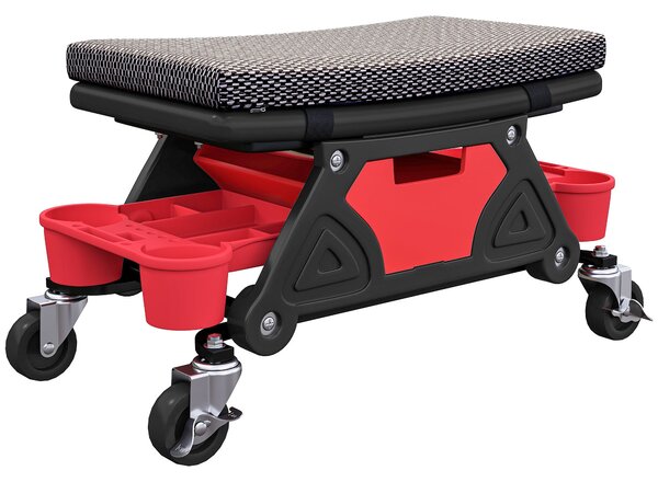 HOMCOM Mobilní pracovní stolička, max. nosnost 135 kg, mechanická stolička s 360° otáčivými koly, skluzavkami na nářadí a zásuvkou, pojízdné sedadlo p