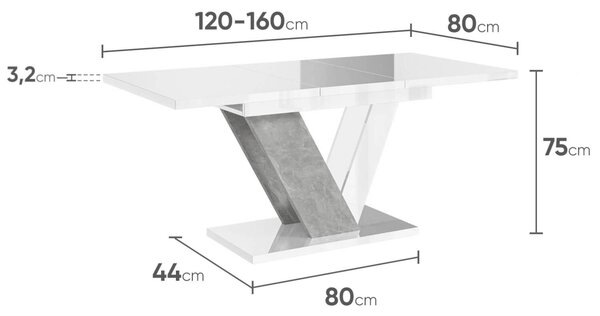 Rozkládací jídelní stůl PETRONEL - bílý lesk / beton