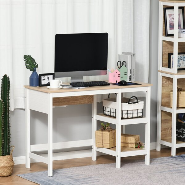 HOMCOM Multimedia Počítačový Stůl rozměry 110Š x 48H x 76V cm s 2 bočními policemi MDF E1 Světle Dub White | Aosom
