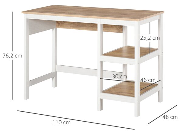 HOMCOM Multimedia Počítačový Stůl rozměry 110Š x 48H x 76V cm s 2 bočními policemi MDF E1 Světle Dub White | Aosom