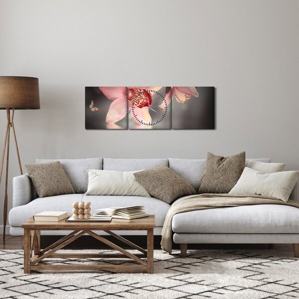 Obraz - Květy a motýl (s hodinami) (90x30 cm)