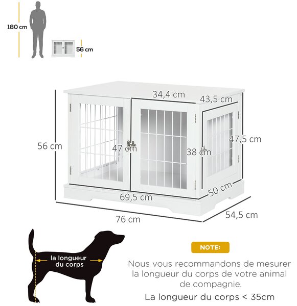 PawHut Psí Klec 2-v-1 Stolek se 2 Zámkovými Dveřmi - 76L x 54.5W x 56H cm - Kov a MDF | Aosom