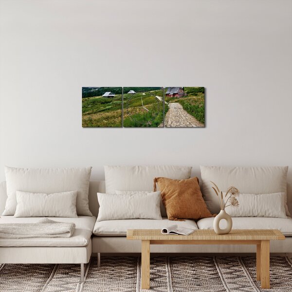 Obraz - Horská krajina s domečky (s hodinami) (90x30 cm)