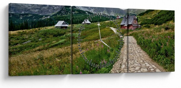 Obraz - Horská krajina s domečky (s hodinami) (90x30 cm)