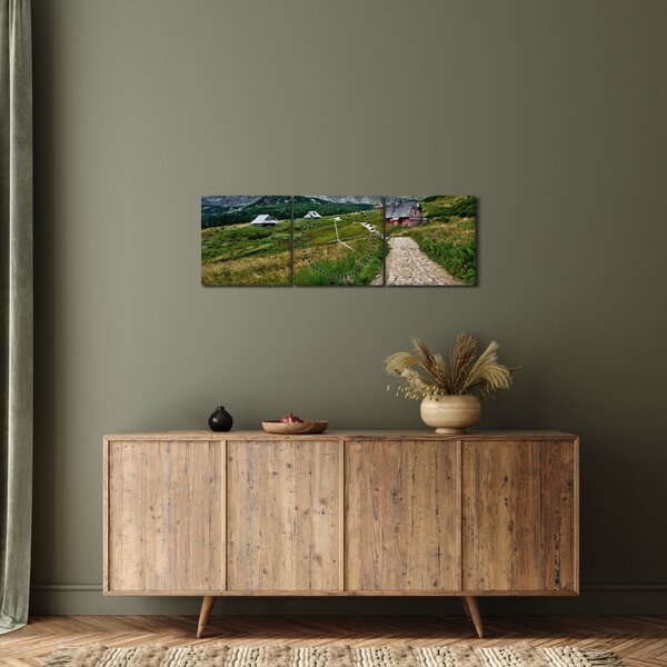 Obraz - Horská krajina s domečky (s hodinami) (90x30 cm)