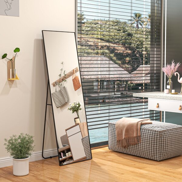 HOMCOM Moderní zrcadlo na celou postavu, 40x150 cm, obdélníkové zrcadlo se stojanem, rámečkem a háčky do ložnice, obývacího pokoje, předsíně, černé |