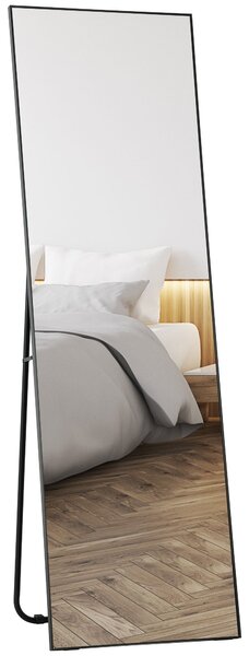 HOMCOM Moderní zrcadlo na celou postavu, 40x150 cm, obdélníkové zrcadlo se stojanem, rámečkem a háčky do ložnice, obývacího pokoje, předsíně, černé |