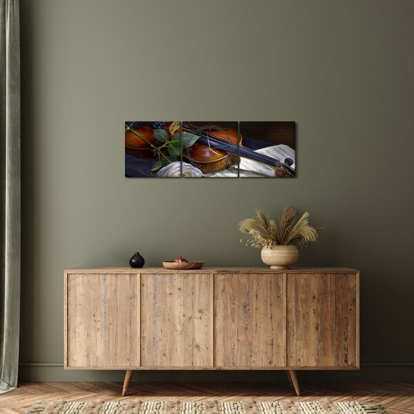 Obraz - Růže a housle (s hodinami) (90x30 cm)