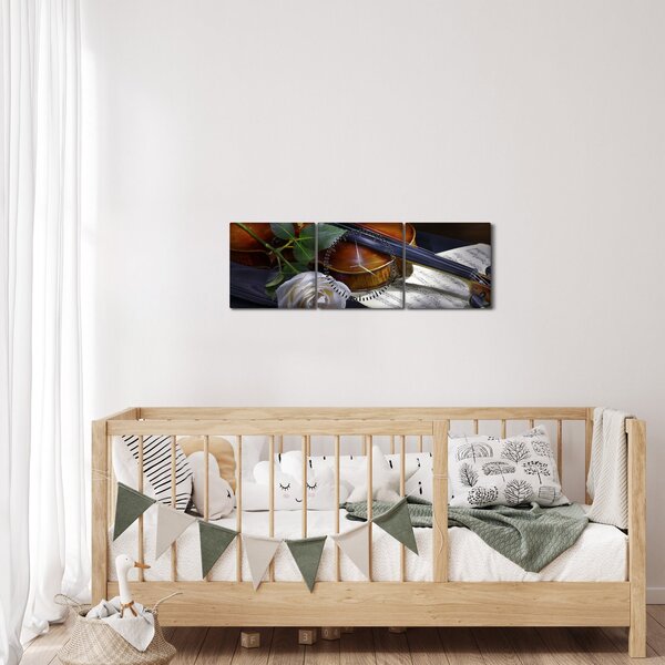 Obraz - Růže a housle (s hodinami) (90x30 cm)