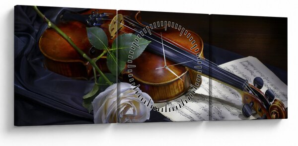 Obraz - Růže a housle (s hodinami) (90x30 cm)