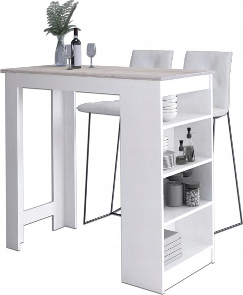 Akord barový stl s bílými taburety a dubovým dekorem Sonoma 115x50x103