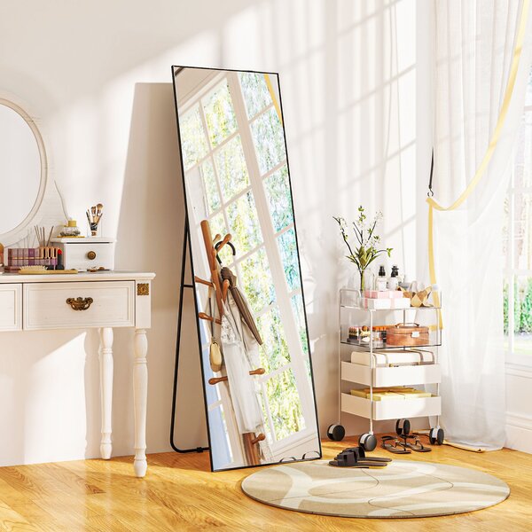 HOMCOM Moderní zrcadlo na celou postavu, 40x150 cm, obdélníkové zrcadlo se stojanem, rámečkem a háčky do ložnice, obývacího pokoje, předsíně, černé |