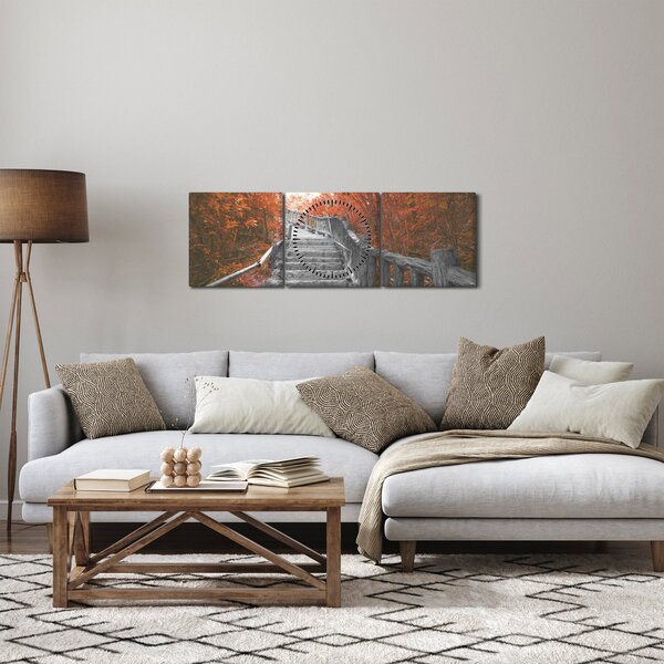 Obraz - Schody v přírodě, oranžová (s hodinami) (90x30 cm)