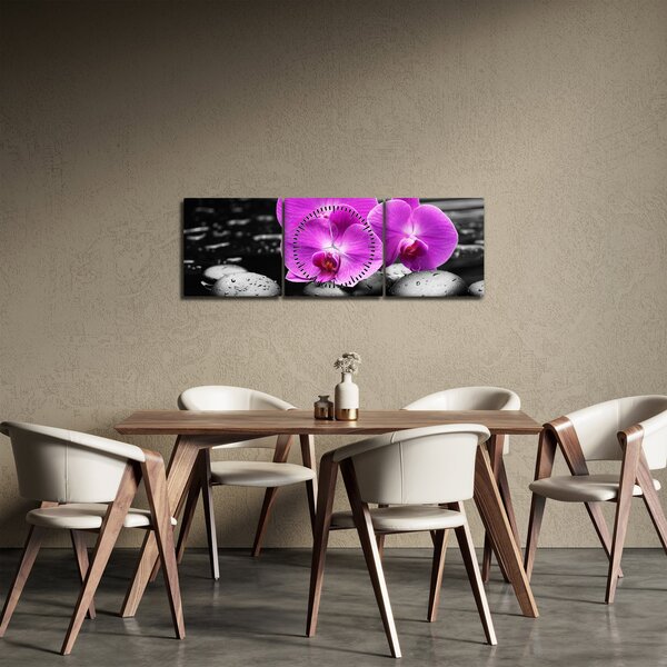 Obraz - Fialové orchideje (s hodinami) (90x30 cm)