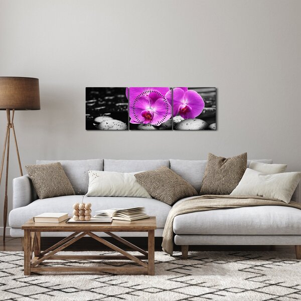 Obraz - Fialové orchideje (s hodinami) (90x30 cm)