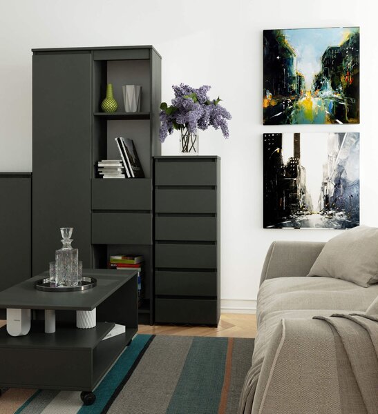 Komoda 3xEliving, příborník se 6 zásuvkami (š:40 cm x v:109 cm x h:35 cm) v grafitově šedé barvě