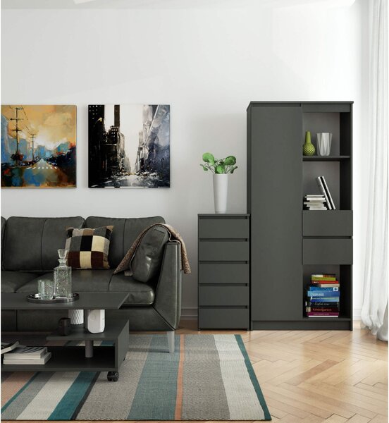 Komoda 3xEliving, příborník s 5 zásuvkami (š:40 cm x v:92 cm x h:35 cm) v grafitově šedé barvě