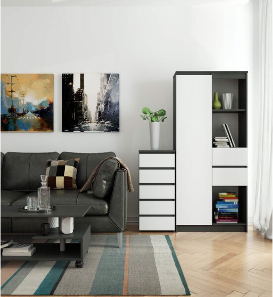 Komoda 3xEliving, příborník s 5 zásuvkami (š:40 cm x v:92 cm x h:35 cm) v grafitově šedé a bílé barvě