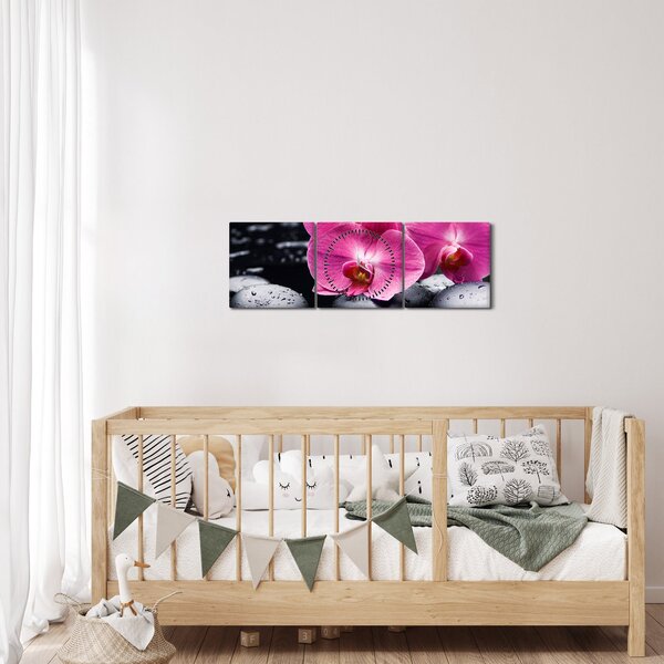 Obraz - Růžové orchideje s palmovým listem (s hodinami) (90x30 cm)