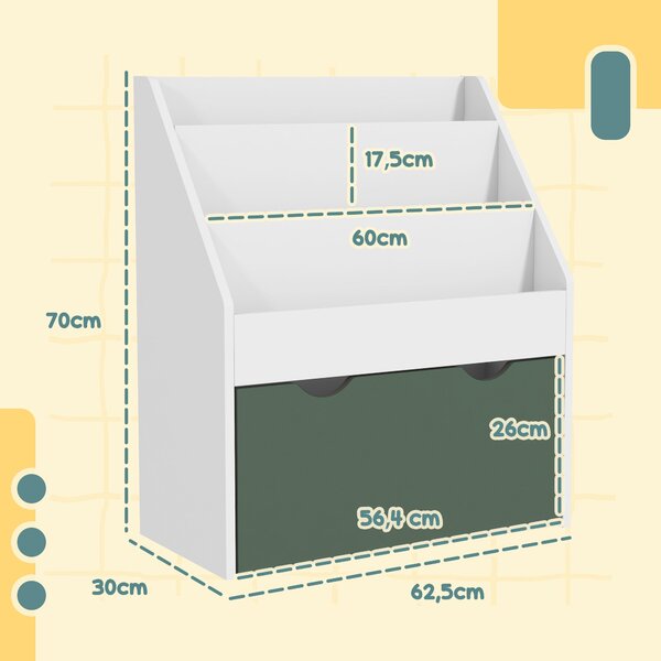 Dětská knihovnička AIYAPLAY s hračkami a úložným prostory, víceúrovňová s 3 policemi a šuplíkem, 62,5L x 30Š x 70V cm, Zelená | Aosom