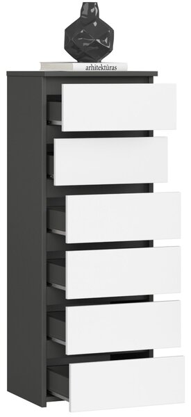 Komoda 3xEliving, příborník se 6 zásuvkami (š:40 cm x v:109 cm x h:35 cm) v grafitově šedé a bílé barvě