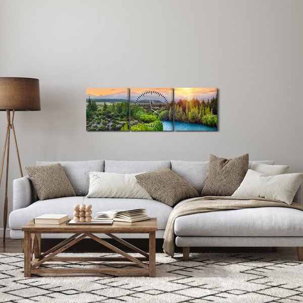 Obraz - Lesní horská krajina (s hodinami) (90x30 cm)