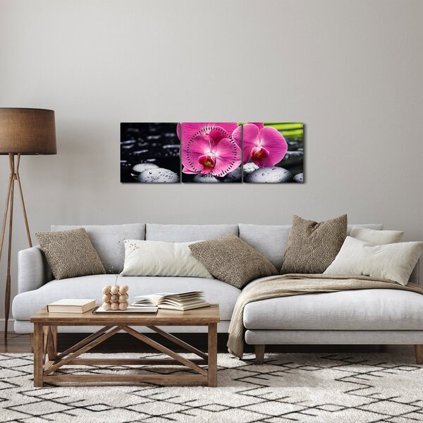 Obraz - Růžové orchideje s palmovým listem (s hodinami) (90x30 cm)