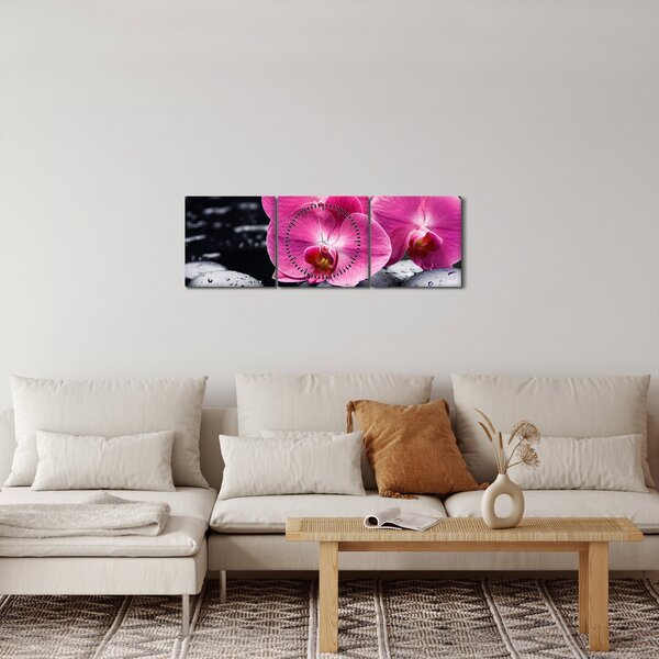 Obraz - Růžové orchideje s palmovým listem (s hodinami) (90x30 cm)