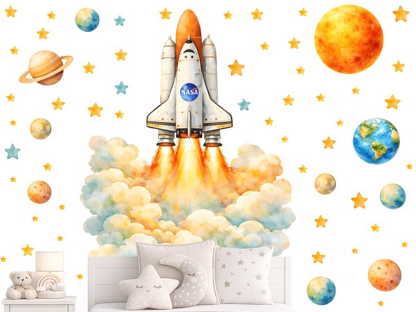 Kosmická raketa NASA textilní přelepitelná samolepka na zeď arch 38 x 46 cm