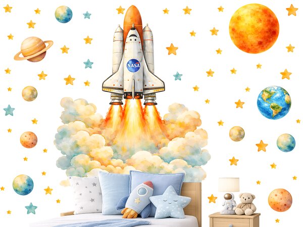 Kosmická raketa NASA textilní přelepitelná samolepka na zeď arch 38 x 46 cm