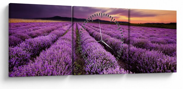 Obraz - Levandulové pole při západu slunce (s hodinami) (90x30 cm)