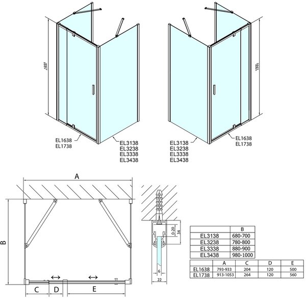 Sprchový kout EASY LINE ve tvaru U, 800-900x700 mm, provedení L/R, cihlové sklo