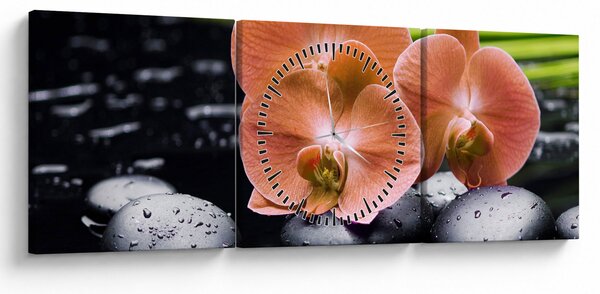 Obraz - Oranžová orchidej s palmovými listy (s hodinami) (90x30 cm)