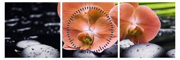 Obraz - Oranžová orchidej s palmovými listy (s hodinami) (90x30 cm)