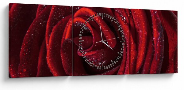 Obraz - Červená růže s kapkami rosy (s hodinami) (90x30 cm)