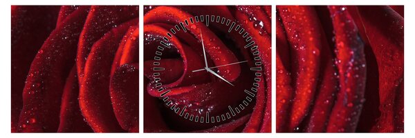 Obraz - Červená růže s kapkami rosy (s hodinami) (90x30 cm)