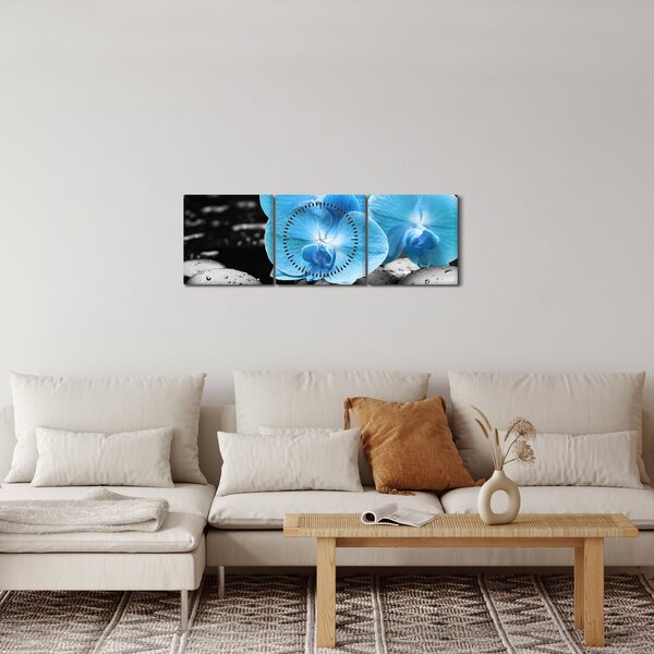 Obraz - Modrá orchidej (s hodinami) (90x30 cm)