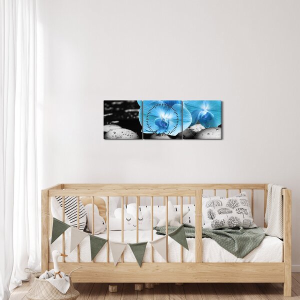 Obraz - Modrá orchidej (s hodinami) (90x30 cm)