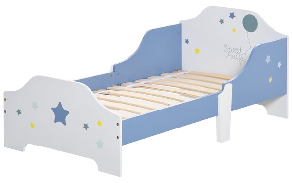 Dětská postel HOMCOM, nízká postel pro děti od 3 do 6 let, 143 x 74 cm, design hvězdy, včetně latě, do dětského pokoje, modro-bílá | Aosom