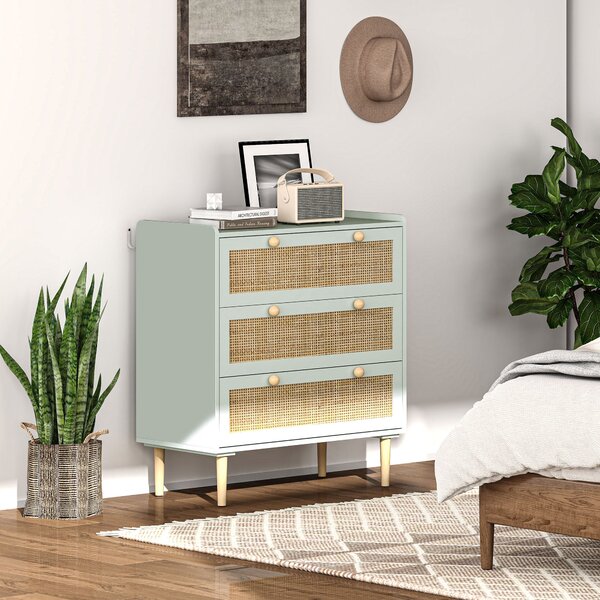 HOMCOM Komoda se třemi šuplíky a pracovní deskou v boho stylu pro obývací pokoj, ložnici a chodbu 80 x 40 x 87,5 cm Zelená | Aosom