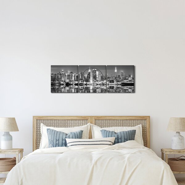 Obraz - New York, černobílý (s hodinami) (90x30 cm)