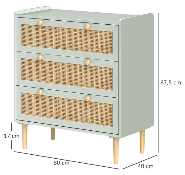 HOMCOM Komoda se třemi šuplíky a pracovní deskou v boho stylu pro obývací pokoj, ložnici a chodbu 80 x 40 x 87,5 cm Zelená | Aosom